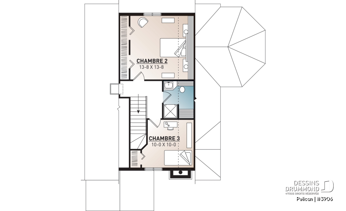 Étage - Modèl de maison style chalet, 3 chambres, 2 salles de bain, vestibule fermé, salle de séjour avec foyer - Pelican
