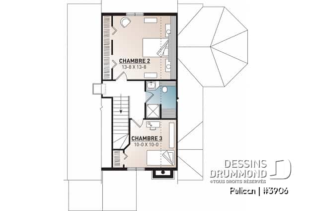Étage - Plan de maison style chalet, 3 chambres, 2 salles de bain, vestibule fermé, salle de séjour avec foyer - Pelican