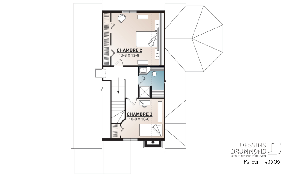 Étage - Modèl de maison style chalet, 3 chambres, 2 salles de bain, vestibule fermé, salle de séjour avec foyer - Pelican