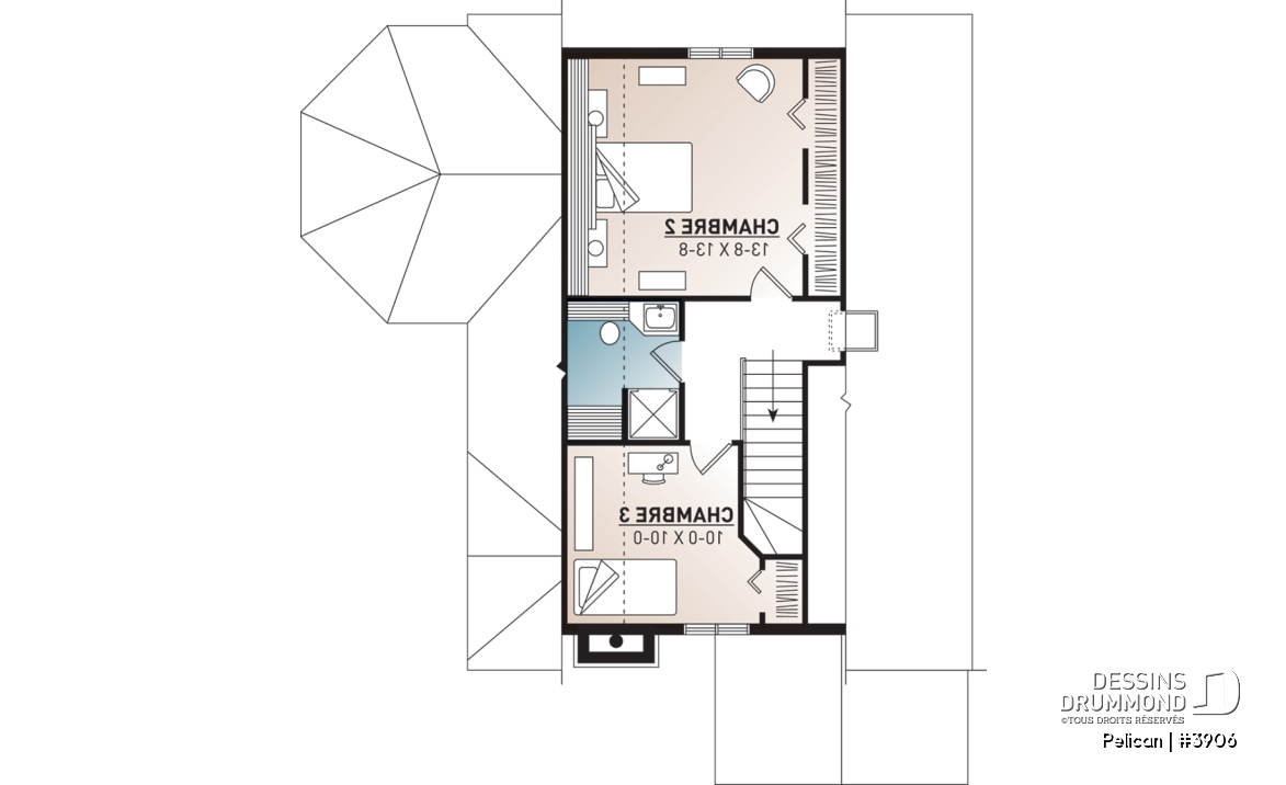 Étage - Modèl de maison style chalet, 3 chambres, 2 salles de bain, vestibule fermé, salle de séjour avec foyer - Pelican