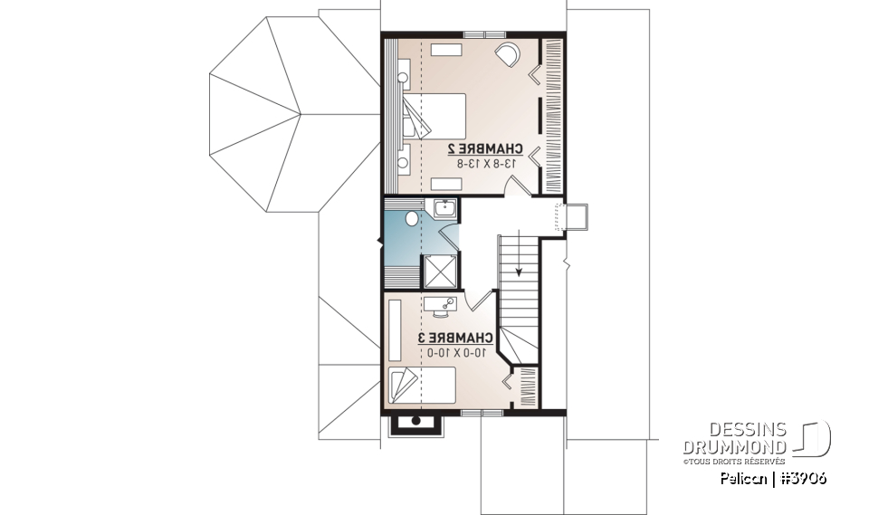 Étage - Modèl de maison style chalet, 3 chambres, 2 salles de bain, vestibule fermé, salle de séjour avec foyer - Pelican