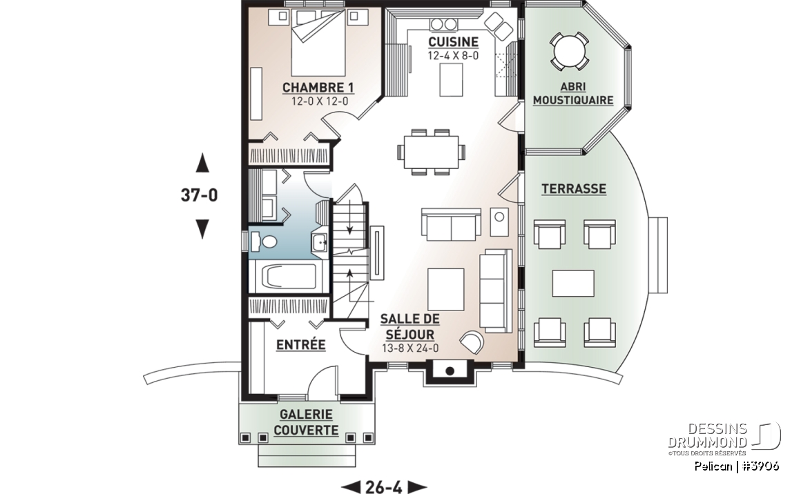 Rez-de-chaussée - Modèl de maison style chalet, 3 chambres, 2 salles de bain, vestibule fermé, salle de séjour avec foyer - Pelican