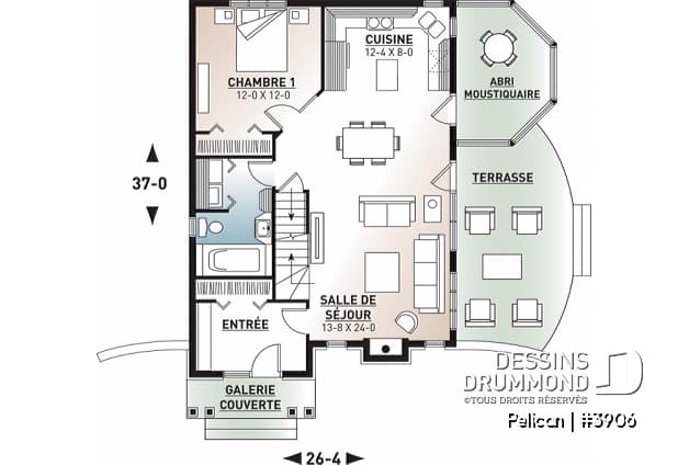 Rez-de-chaussée - Plan de maison style chalet, 3 chambres, 2 salles de bain, vestibule fermé, salle de séjour avec foyer - Pelican