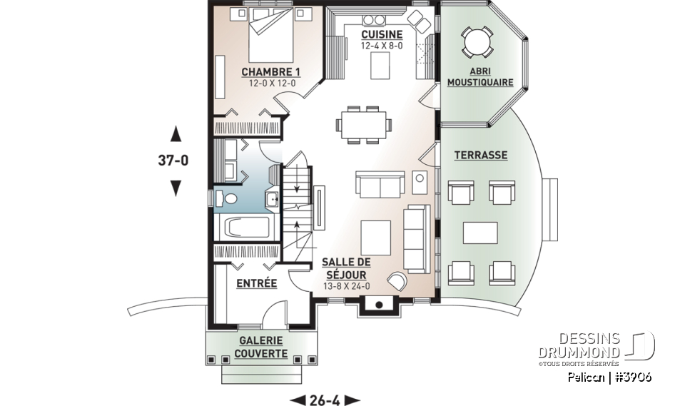 Rez-de-chaussée - Modèl de maison style chalet, 3 chambres, 2 salles de bain, vestibule fermé, salle de séjour avec foyer - Pelican