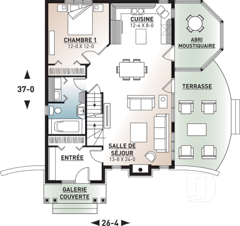Rez-de-chaussée - Modèl de maison style chalet, 3 chambres, 2 salles de bain, vestibule fermé, salle de séjour avec foyer - Pelican