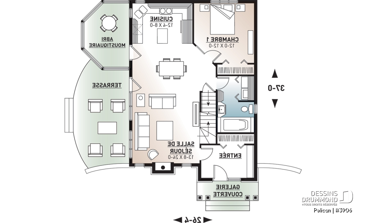 Rez-de-chaussée - Modèl de maison style chalet, 3 chambres, 2 salles de bain, vestibule fermé, salle de séjour avec foyer - Pelican