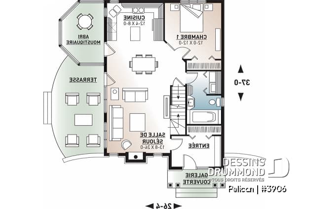 Rez-de-chaussée - Plan de maison style chalet, 3 chambres, 2 salles de bain, vestibule fermé, salle de séjour avec foyer - Pelican