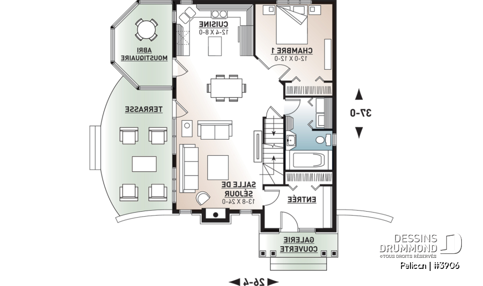 Rez-de-chaussée - Modèl de maison style chalet, 3 chambres, 2 salles de bain, vestibule fermé, salle de séjour avec foyer - Pelican