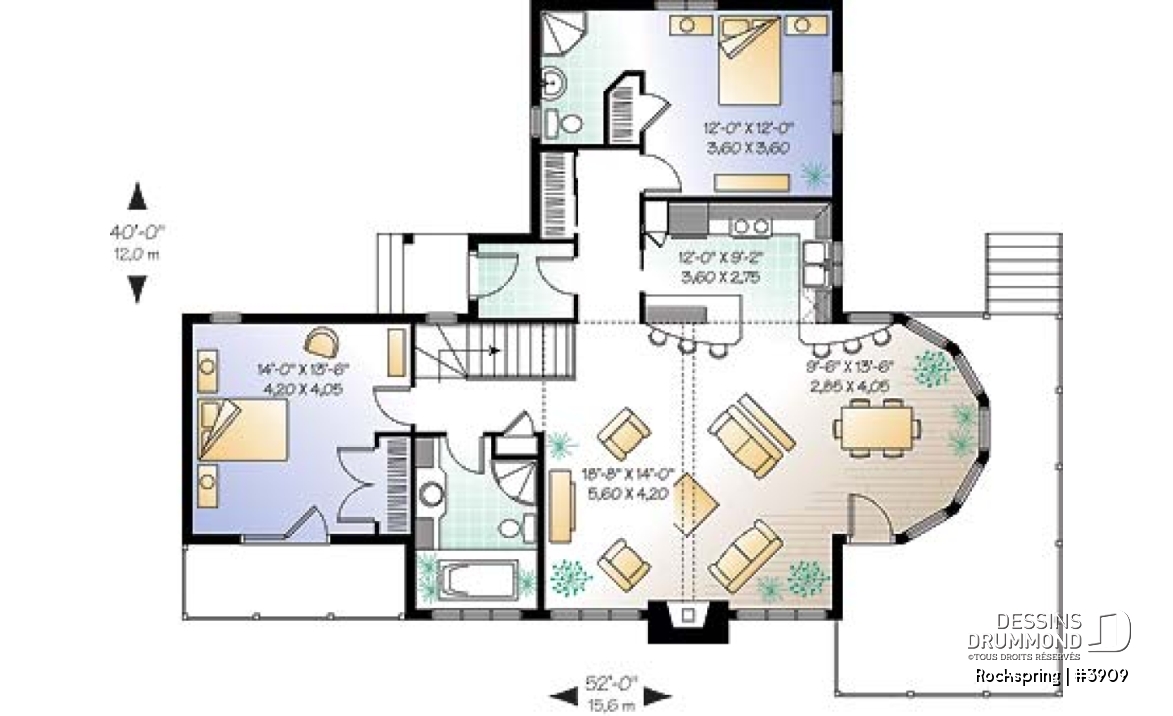 Rez-de-chaussée - Plan de chalet, suite des maîtres avec balcon, séjour ouvert sur la cuisine, foyer, sous-sol non-fini - Rockspring