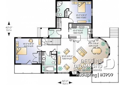 Rez-de-chaussée - Plan de chalet, suite des maîtres avec balcon, séjour ouvert sur la cuisine, foyer, sous-sol non-fini - Rockspring