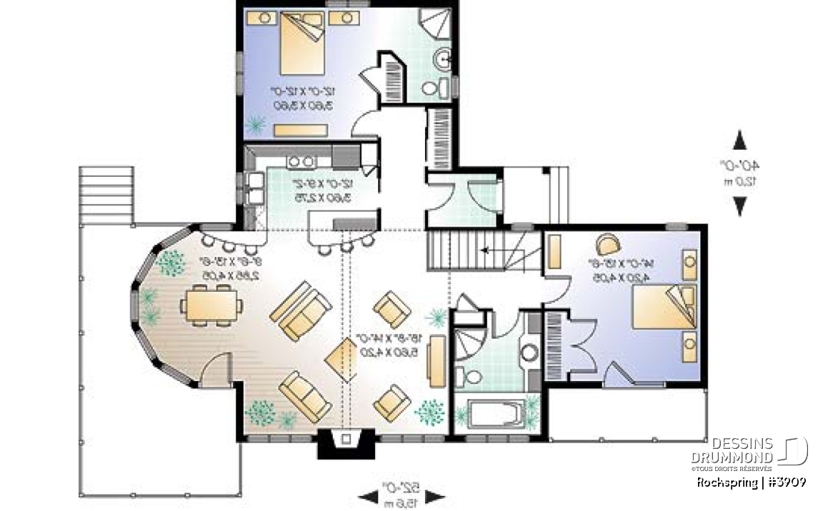 Rez-de-chaussée - Plan de chalet, suite des maîtres avec balcon, séjour ouvert sur la cuisine, foyer, sous-sol non-fini - Rockspring