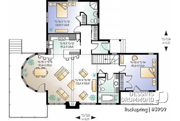 Rez-de-chaussée - Plan de chalet, suite des maîtres avec balcon, séjour ouvert sur la cuisine, foyer, sous-sol non-fini - Rockspring