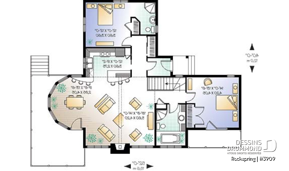 Rez-de-chaussée - Plan de chalet, suite des maîtres avec balcon, séjour ouvert sur la cuisine, foyer, sous-sol non-fini - Rockspring