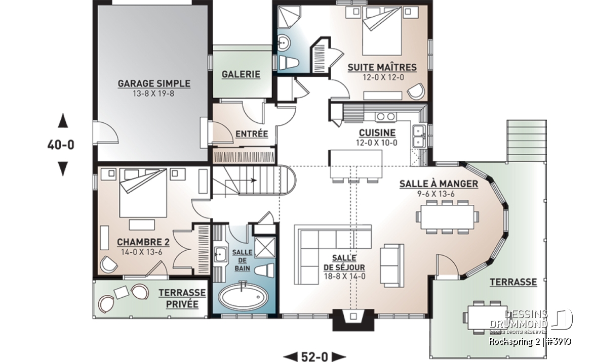 Rez-de-chaussée - Plan de maison genre chalet avec garage, 2 terrasses, 2 chambres, sous-sol en rez-de-jardin - Rockspring 2