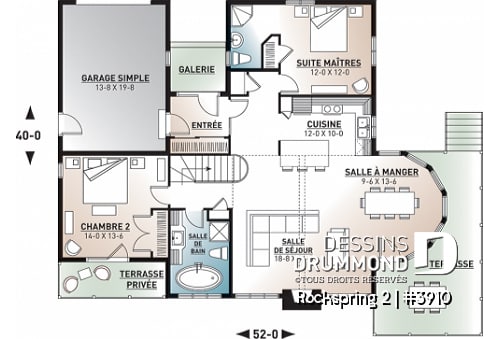 Rez-de-chaussée - Plan de maison genre chalet avec garage, 2 terrasses, 2 chambres, sous-sol en rez-de-jardin - Rockspring 2