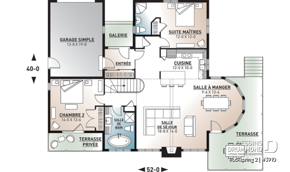 Rez-de-chaussée - Plan de maison genre chalet avec garage, 2 terrasses, 2 chambres, sous-sol en rez-de-jardin - Rockspring 2