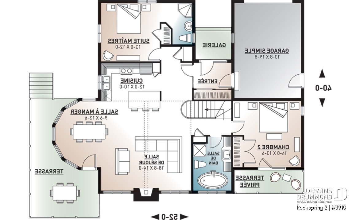 Rez-de-chaussée - Plan de maison genre chalet avec garage, 2 terrasses, 2 chambres, sous-sol en rez-de-jardin - Rockspring 2