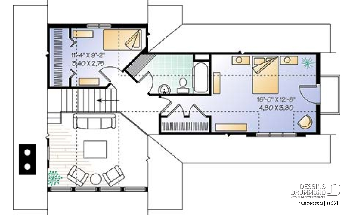 Étage - Plan de maison pour vue panoramique, chambre parents avec balcon, salon avec cathédrale et foyer - Fancessca