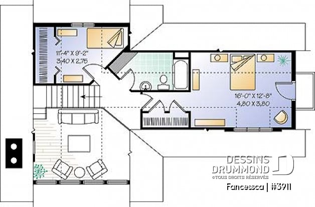 Étage - Plan de maison pour vue panoramique, chambre parents avec balcon, salon avec cathédral et foyer - Fancessca