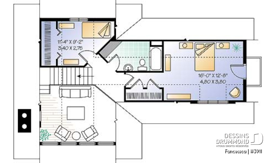 Étage - Plan de maison pour vue panoramique, chambre parents avec balcon, salon avec cathédrale et foyer - Fancessca