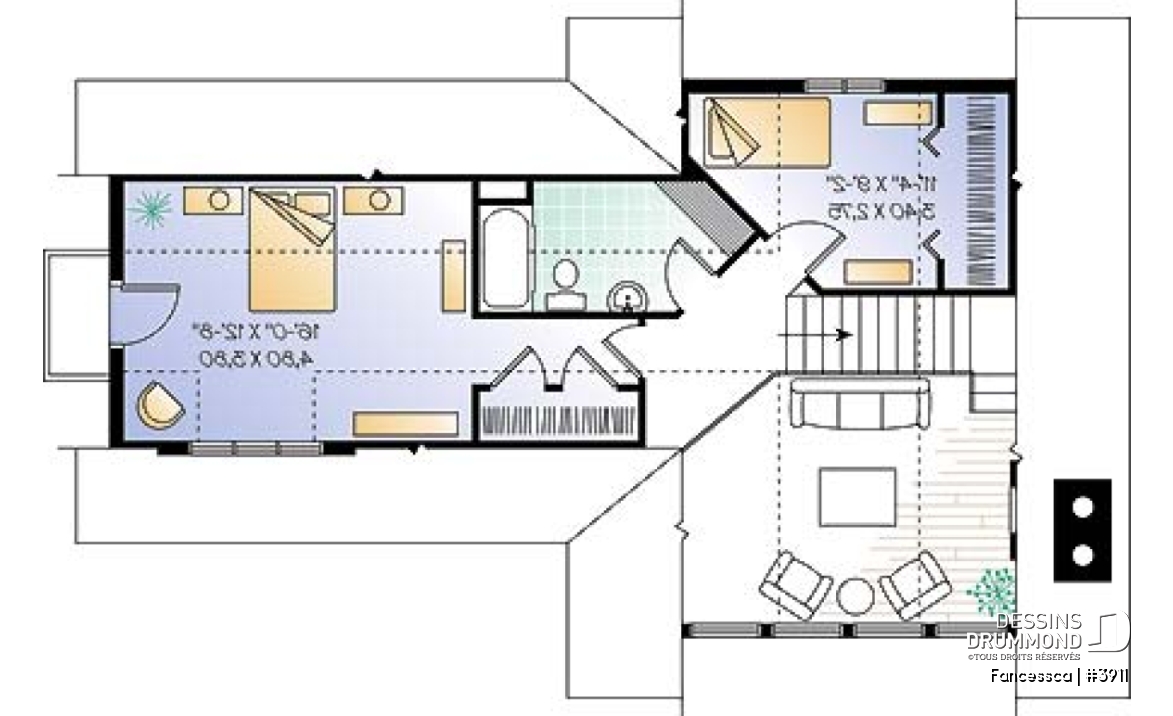 Étage - Plan de maison pour vue panoramique, chambre parents avec balcon, salon avec cathédrale et foyer - Fancessca