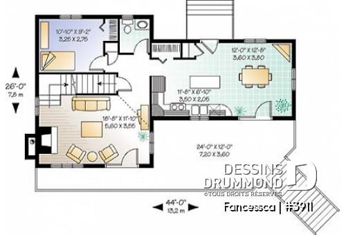 Rez-de-chaussée - Plan de maison pour vue panoramique, chambre parents avec balcon, salon avec cathédral et foyer - Fancessca
