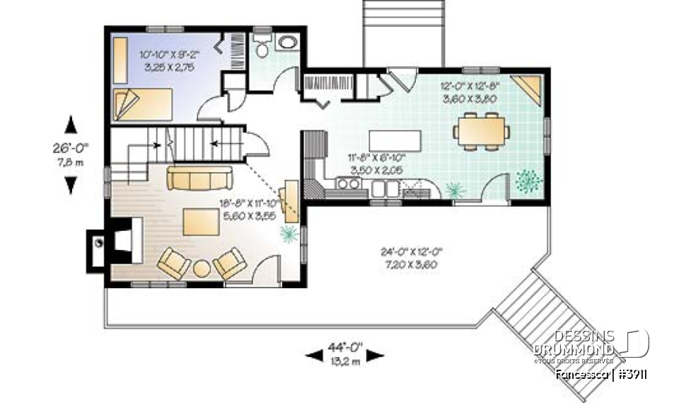 Rez-de-chaussée - Plan de maison pour vue panoramique, chambre parents avec balcon, salon avec cathédrale et foyer - Fancessca
