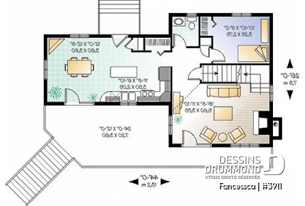 Rez-de-chaussée - Plan de maison pour vue panoramique, chambre parents avec balcon, salon avec cathédral et foyer - Fancessca