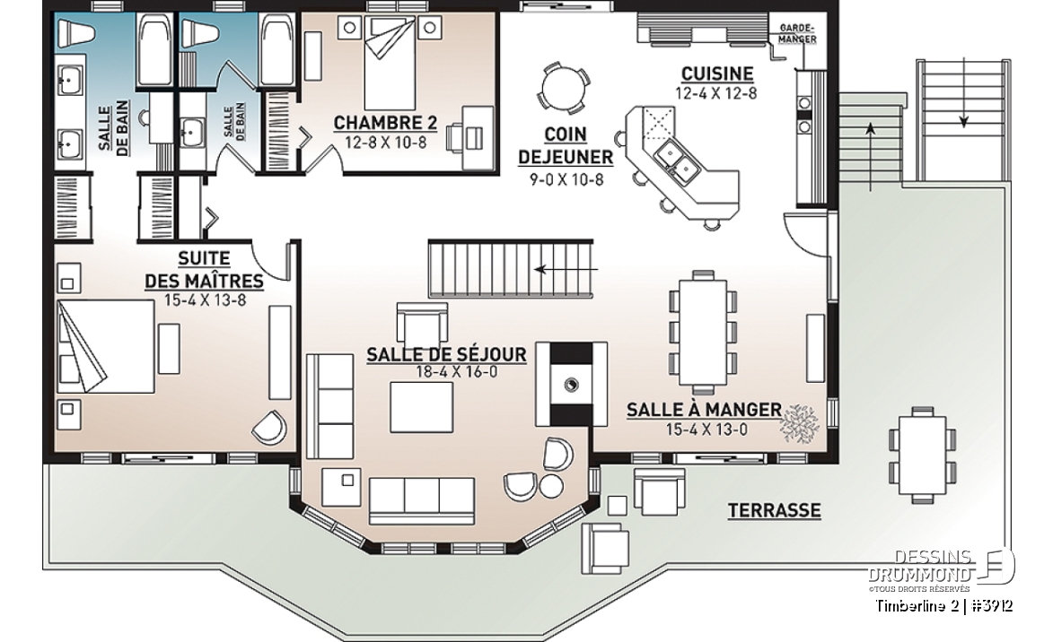 Rez-de-chaussée - Plan maison 4 chambres, garage double, plancher inversé, 2 foyers, suite des parents, grande cuisine - Timberline 2