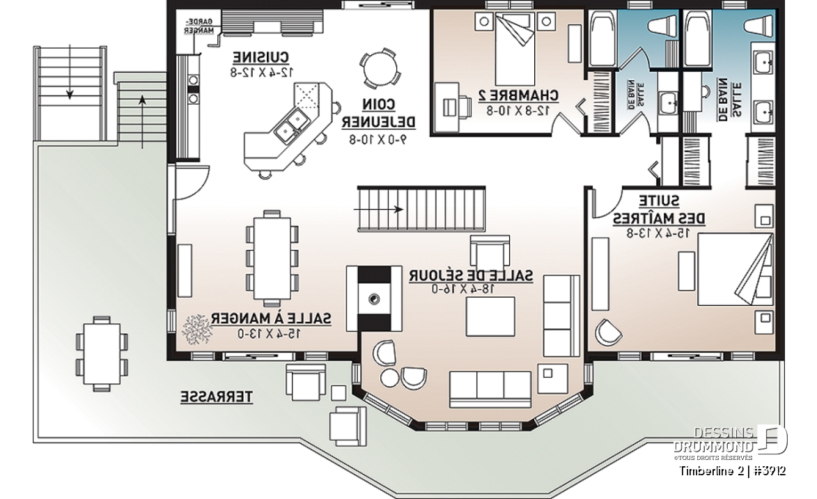 Rez-de-chaussée - Plan maison 4 chambres, garage double, plancher inversé, 2 foyers, suite des parents, grande cuisine - Timberline 2