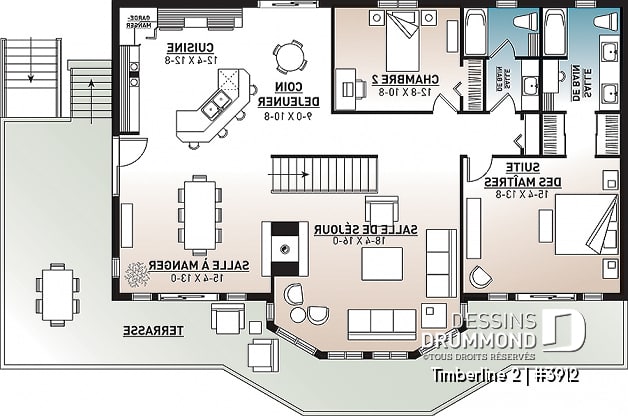 Rez-de-chaussée - Plan maison 4 chambres, garage double, plancher inversé, 2 foyers, suite des parents, grande cuisine - Timberline 2