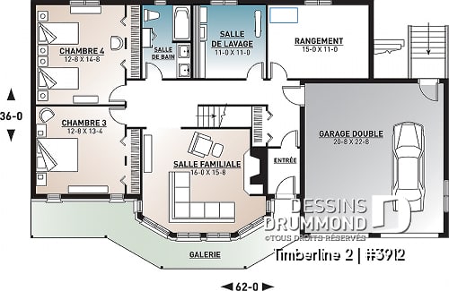 Sous-sol - Plan maison 4 chambres, garage double, plancher inversé, 2 foyers, suite des parents, grande cuisine - Timberline 2
