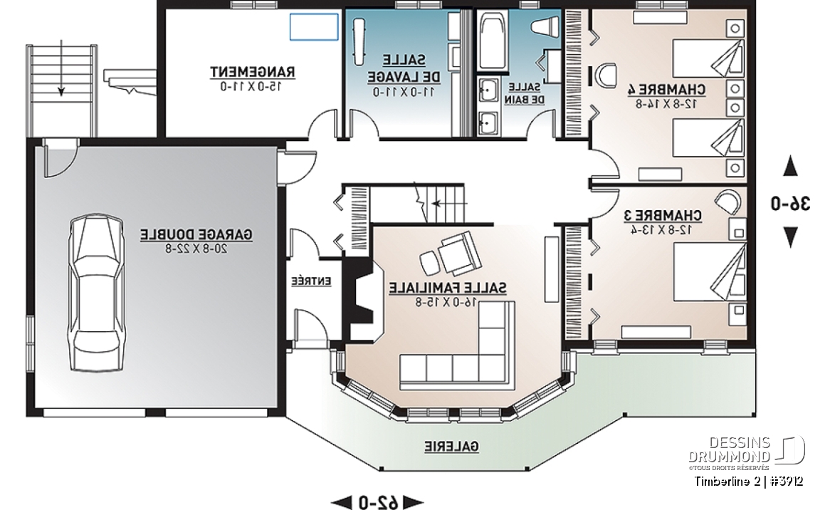 Sous-sol - Plan maison 4 chambres, garage double, plancher inversé, 2 foyers, suite des parents, grande cuisine - Timberline 2