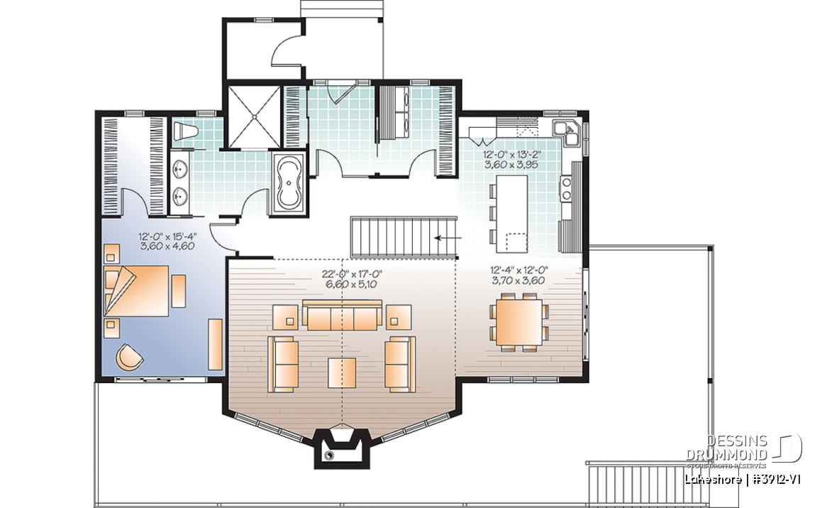 Rez-de-chaussée - Plan de chalet 5 chambres en rez-de-jardin, chambre principale au rez-de-chaussée, 2 foyers, terrasse couverte - Lakeshore