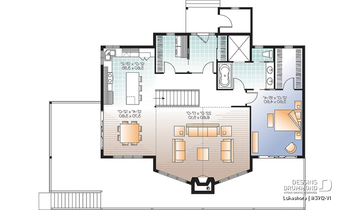 Rez-de-chaussée - Plan de chalet 5 chambres en rez-de-jardin, chambre principale au rez-de-chaussée, 2 foyers, terrasse couverte - Lakeshore