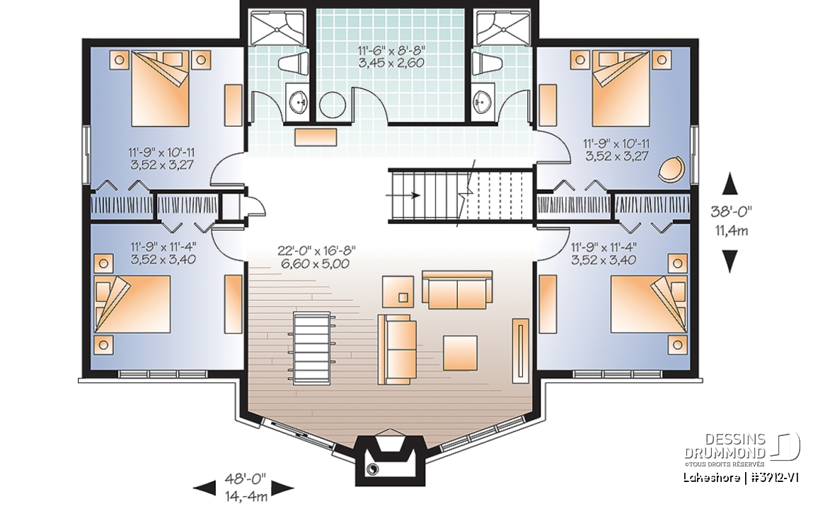 Sous-sol - Plan de chalet 5 chambres en rez-de-jardin, chambre principale au rez-de-chaussée, 2 foyers, terrasse couverte - Lakeshore
