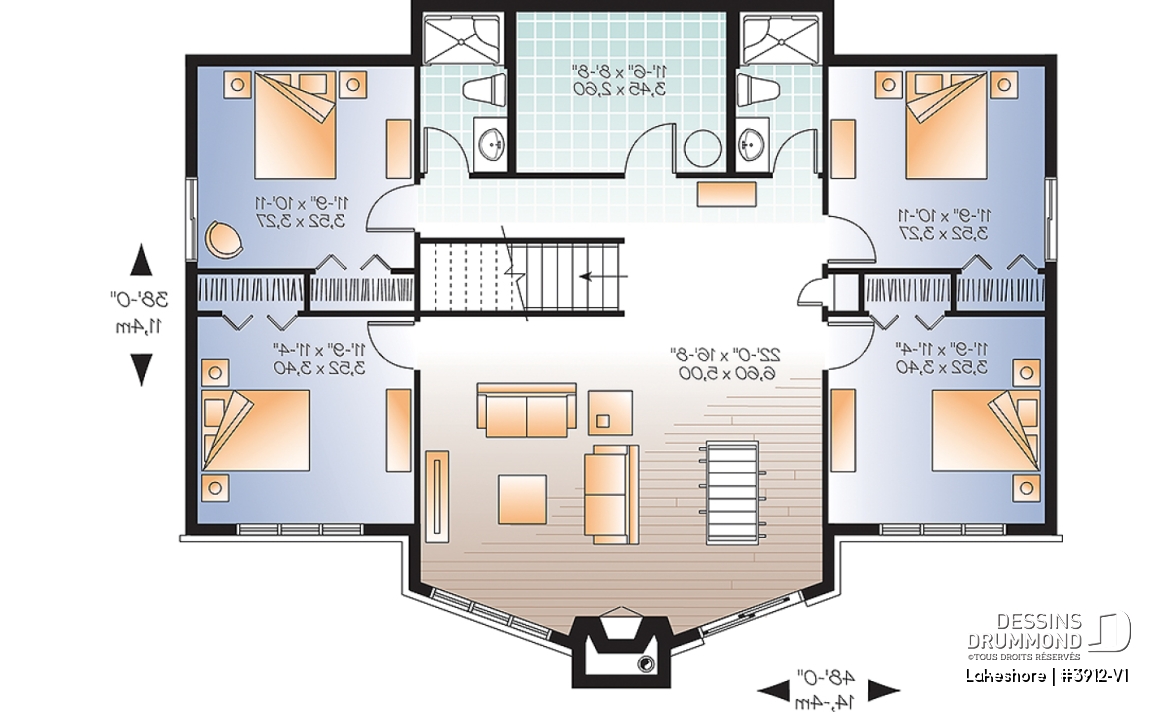Sous-sol - Plan de chalet 5 chambres en rez-de-jardin, chambre principale au rez-de-chaussée, 2 foyers, terrasse couverte - Lakeshore