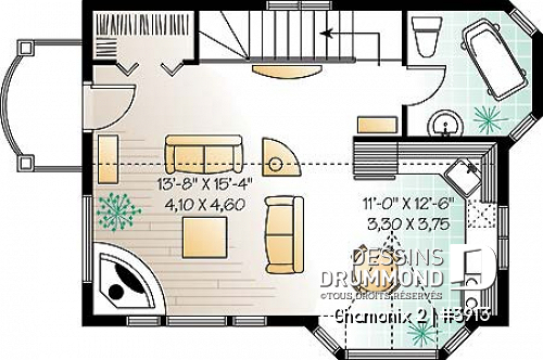 Étage - Plan de chalet économique avec 2 chambres au r-d-c et espaces communs à l'étage, vue panoramique, foyer - Chamonix 2