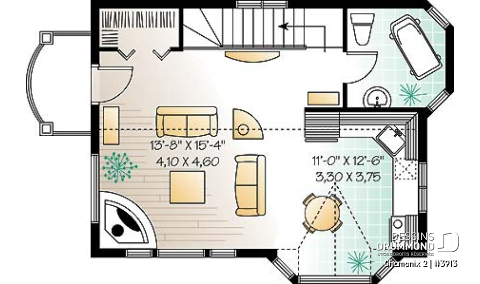 Étage - Modèle de chalet 2 chambres au r-d-c et espaces communs à l'étage, vue panoramique, foyer - Chamonix 2