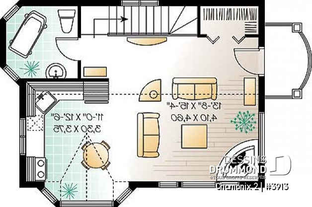 Étage - Plan de chalet économique avec 2 chambres au r-d-c et espaces communs à l'étage, vue panoramique, foyer - Chamonix 2