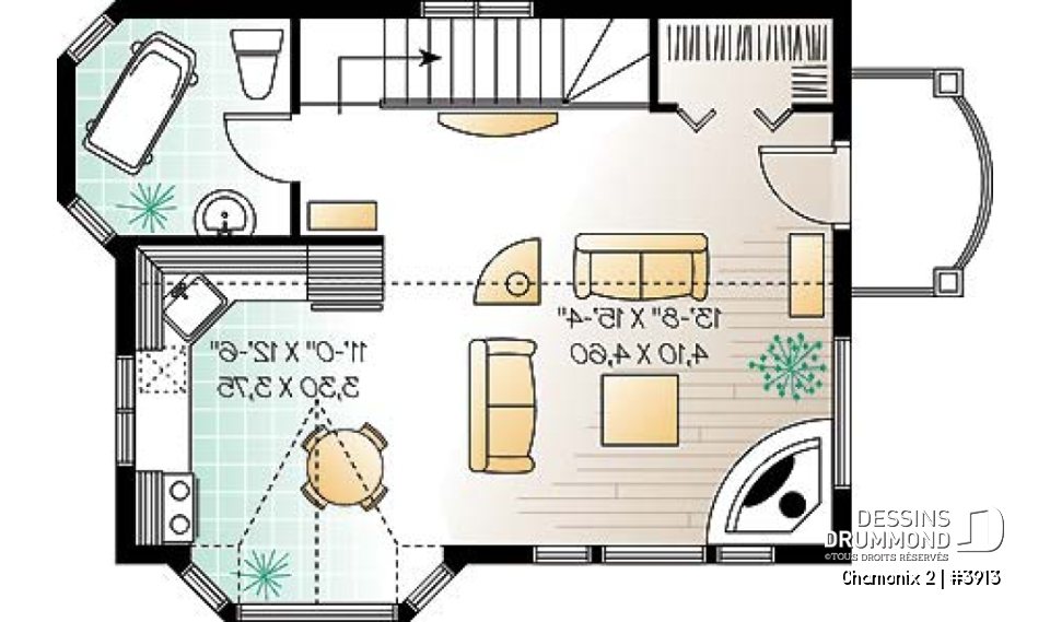 Étage - Modèle de chalet 2 chambres au r-d-c et espaces communs à l'étage, vue panoramique, foyer - Chamonix 2