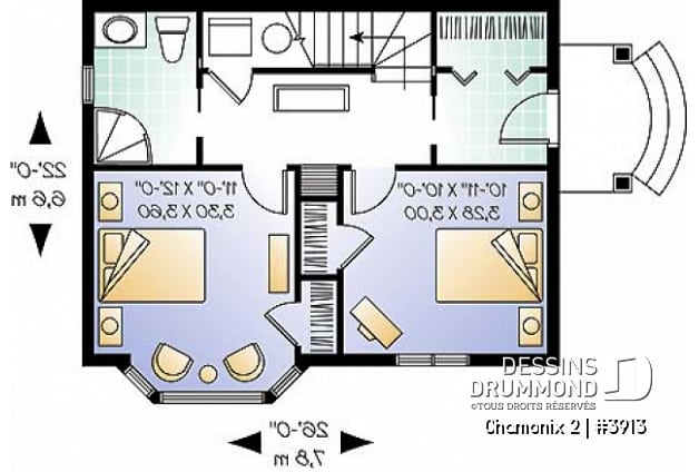 Rez-de-chaussée - Plan de chalet économique avec 2 chambres au r-d-c et espaces communs à l'étage, vue panoramique, foyer - Chamonix 2