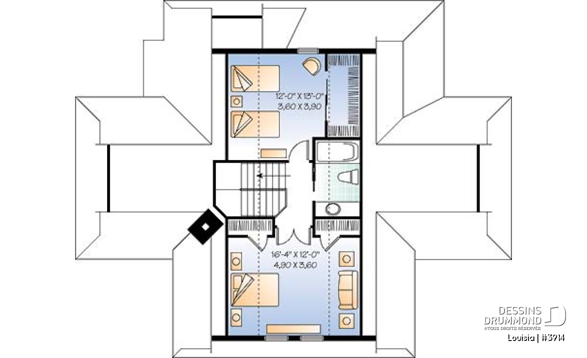 Étage - Plan de chalet avec grande terrasse, 3 chambres, chambre parents rdc, abri moustiquaire et foyer deux faces - Louisia