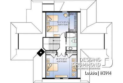 Étage - Plan de chalet avec grande terrasse, 3 chambres, chambre parents rdc, abri moustiquaire et foyer deux faces - Louisia