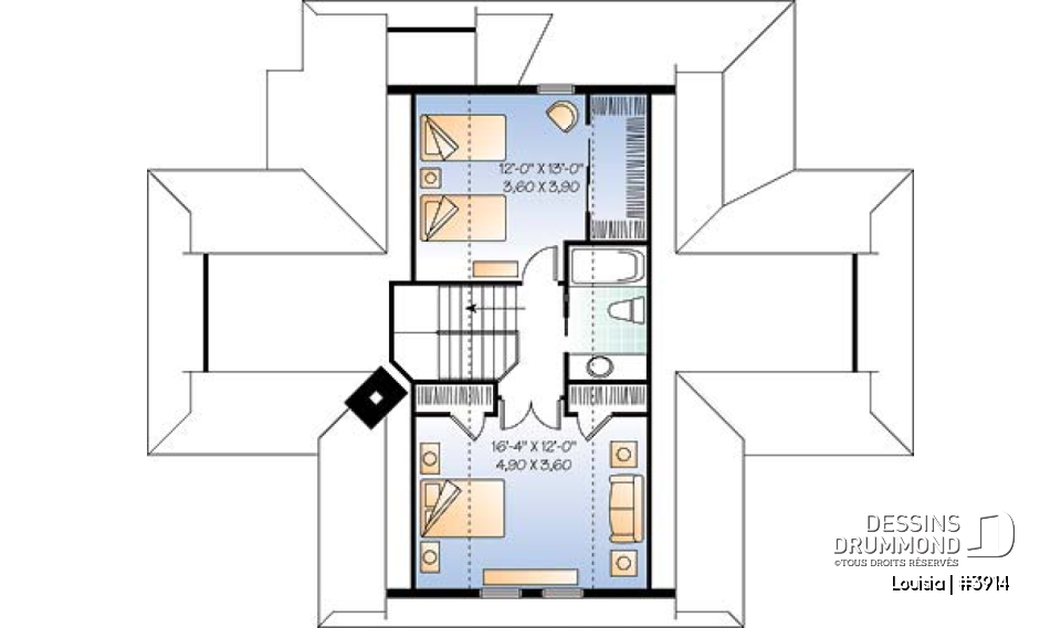 Étage - Plan de chalet avec grande terrasse, 3 chambres, chambre parents rdc, abri moustiquaire et foyer deux faces - Louisia