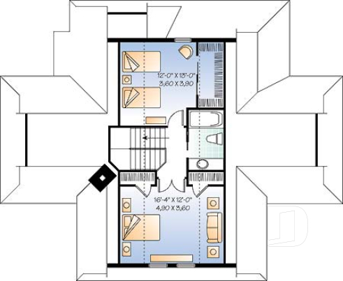 Étage - Plan de chalet avec grande terrasse, 3 chambres, chambre parents rdc, abri moustiquaire et foyer deux faces - Louisia