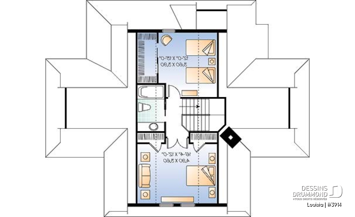Étage - Plan de chalet avec grande terrasse, 3 chambres, chambre parents rdc, abri moustiquaire et foyer deux faces - Louisia