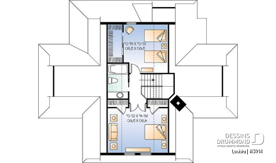 Étage - Plan de chalet avec grande terrasse, 3 chambres, chambre parents rdc, abri moustiquaire et foyer deux faces - Louisia