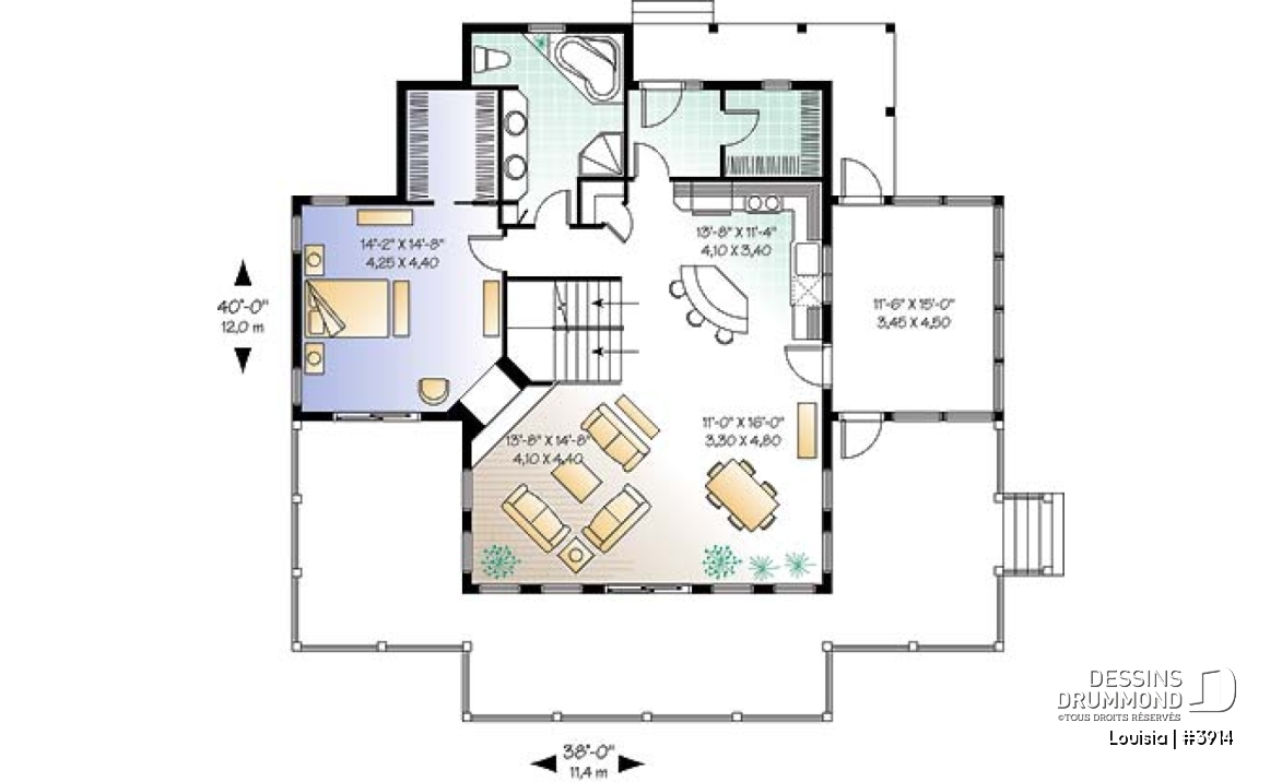 Rez-de-chaussée - Plan de chalet avec grande terrasse, 3 chambres, chambre parents rdc, abri moustiquaire et foyer deux faces - Louisia