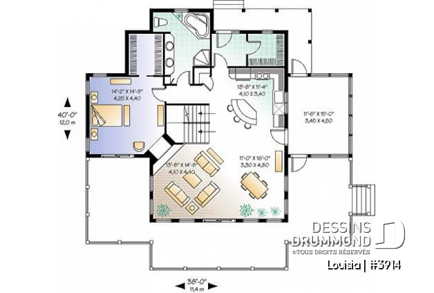 Rez-de-chaussée - Plan de chalet avec grande terrasse, 3 chambres, chambre parents rdc, abri moustiquaire et foyer deux faces - Louisia